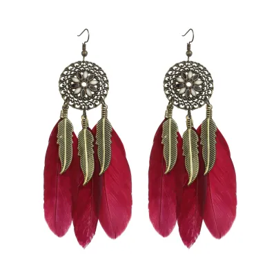Women Bohemian Feather Decoration Drop Earrings Geometric Style