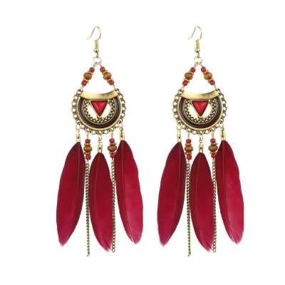 Women Bohemian Feather Decoration Drop Earrings Geometric Style