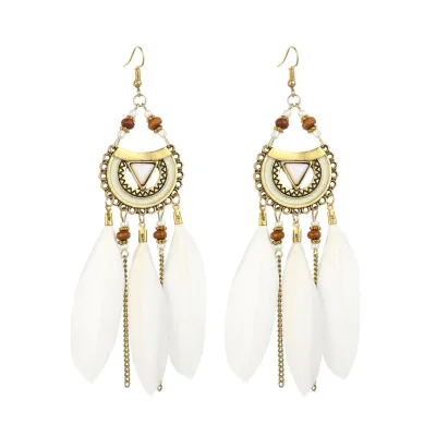 Women Bohemian Feather Decoration Drop Earrings Geometric Style