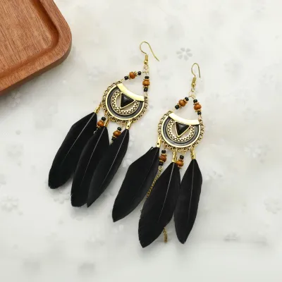 Women Bohemian Feather Decoration Drop Earrings Geometric Style