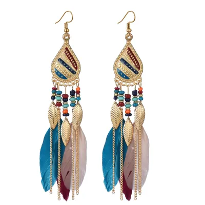 Women Bohemian Feather Decoration Drop Earrings Geometric Style