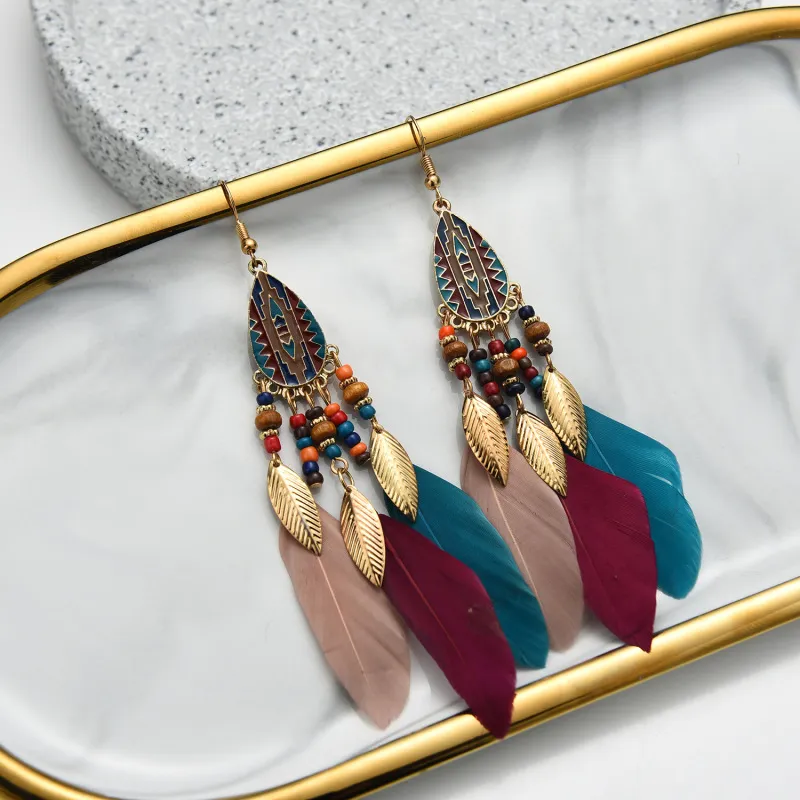 Women Bohemian Feather Decoration Drop Earrings Geometric Style