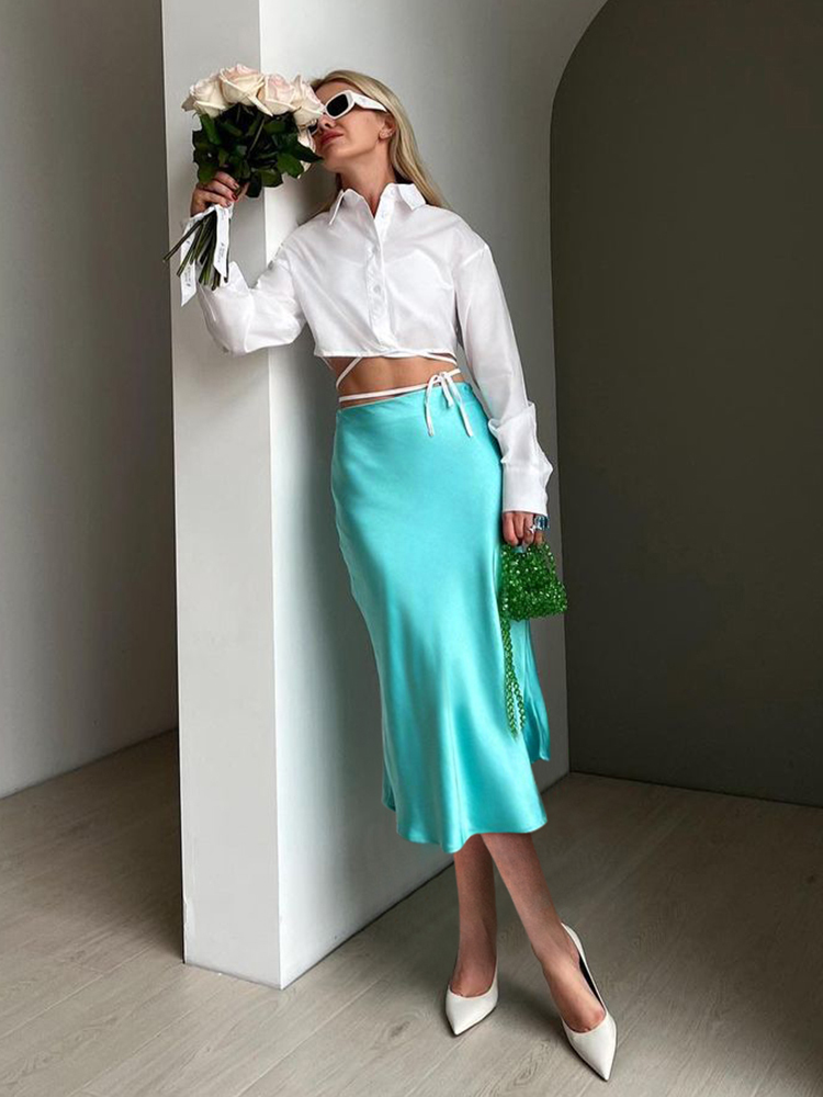 Wholesale Solid Purple Satin Silk Skirt Women High Waisted