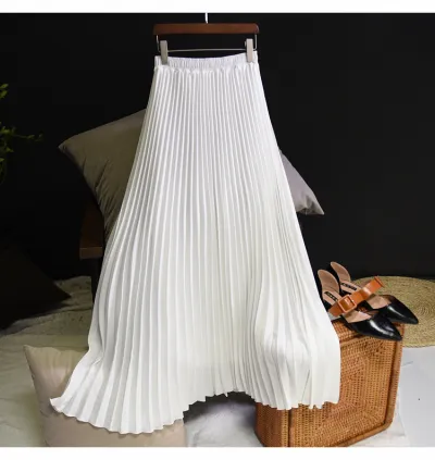 Womens Vintage Pleated Long Skirt Casual High Waist