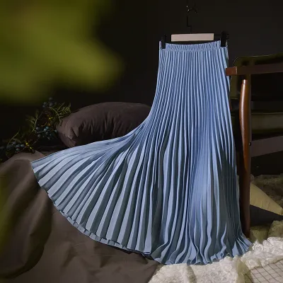 Womens Vintage Pleated Long Skirt Casual High Waist