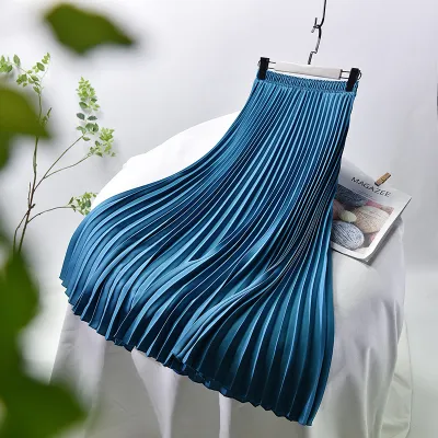 Womens Vintage Pleated Long Skirt Casual High Waist