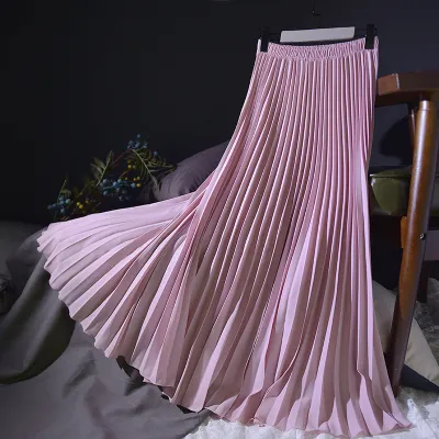 Womens Vintage Pleated Long Skirt Casual High Waist