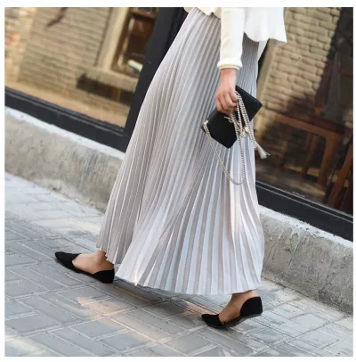 Womens Vintage Pleated Long Skirt Casual High Waist