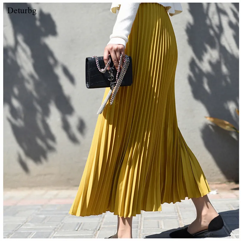 Womens Vintage Pleated Long Skirt Casual High Waist