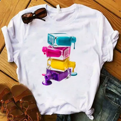 Women's Casual Loose Fit Nail Polish Bottle Printed Short Sleeve T-Shirt