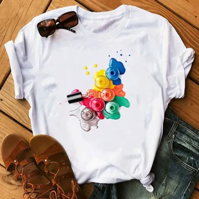 Women's Casual Loose Fit Nail Polish Bottle Printed Short Sleeve T-Shirt