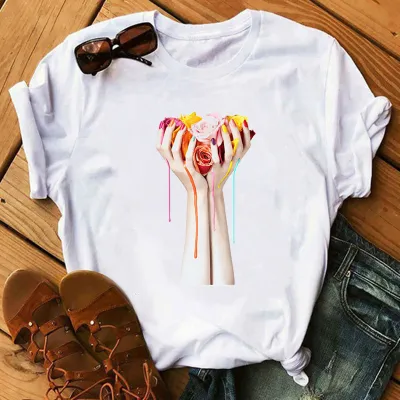 Women's Casual Loose Fit Nail Polish Bottle Printed Short Sleeve T-Shirt