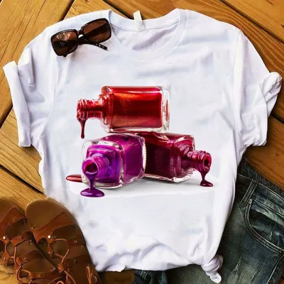 Women's Casual Loose Fit Nail Polish Bottle Printed Short Sleeve T-Shirt