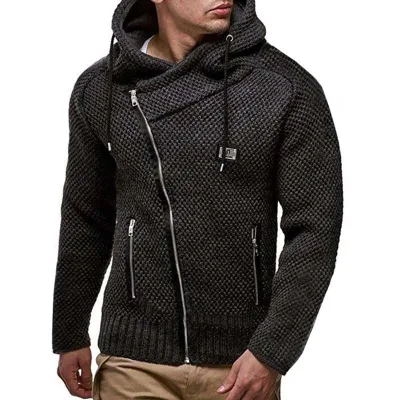 Men Plus Size Diagonal Zip Hooded Slim Fit Jacket Long Sleeve Black Thickened Sweater