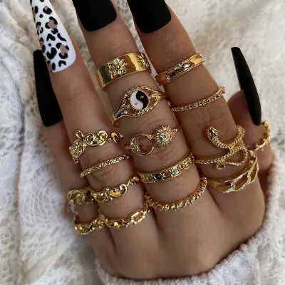 Retro Gossip Sun Moon Snake Leaf Floral Joint Ring Set - 16-Piece Women's Alloy Ring Set
