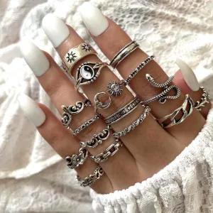 Retro Gossip Sun Moon Snake Leaf Floral Joint Ring Set - 16-Piece Women's Alloy Ring Set