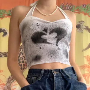 Camiseta sin mangas corta con cuello halter y estampado gráfico de amor sin espalda sexy vanguardista para mujer