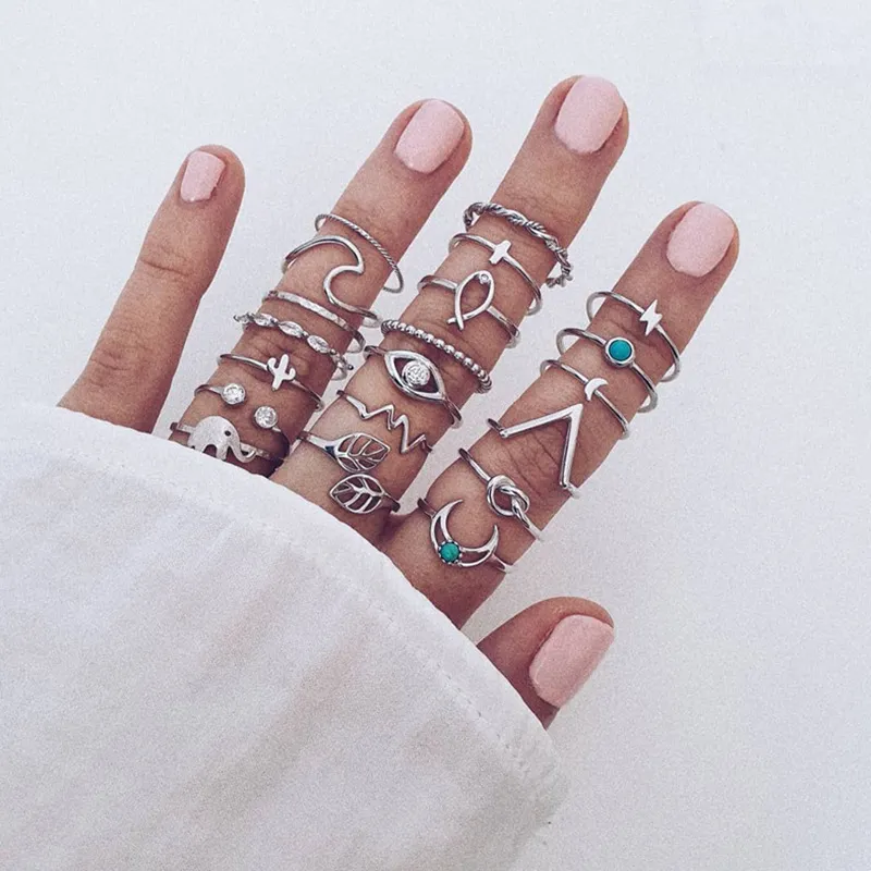 Elephant Cross Green Lightning Leaves Sea Wave Joint Eye Ring Set Women's