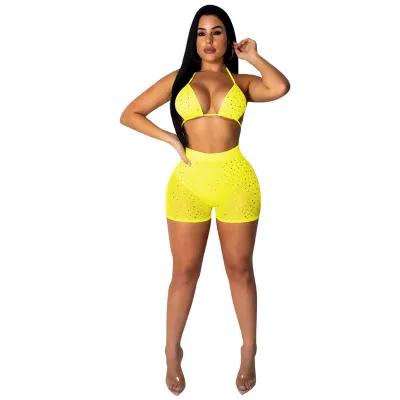 Mesh Black Halter Crop Top Shorts Set Women Summer Casual Matching Sets