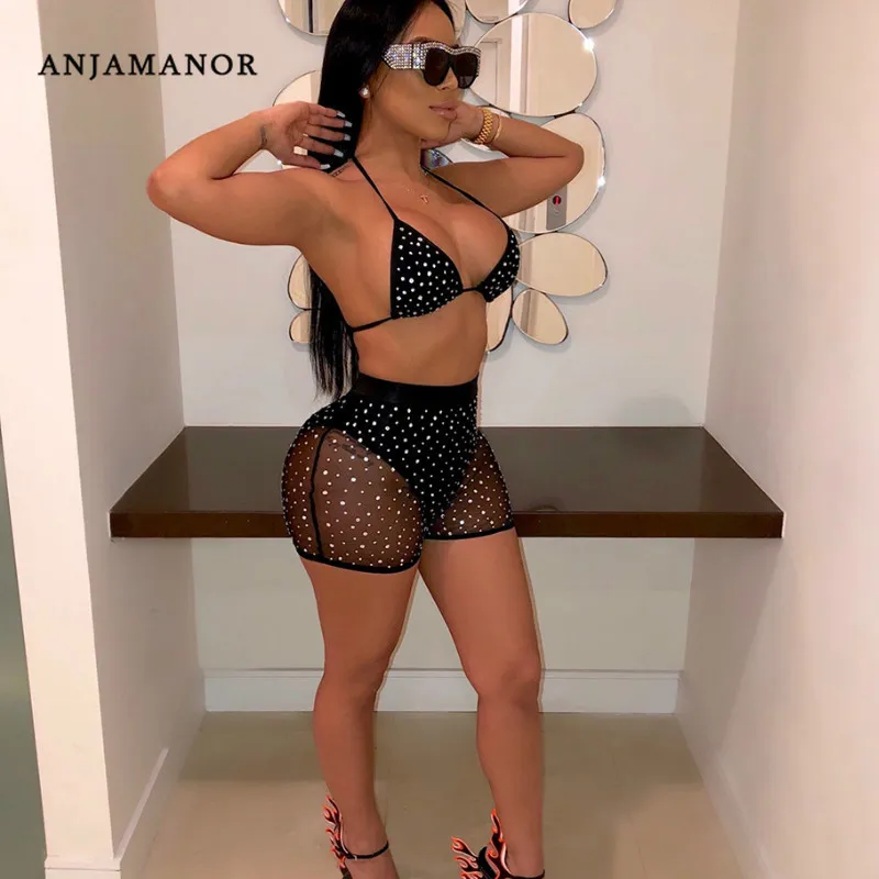 Mesh Black Halter Crop Top Shorts Set Women Summer Casual Matching Sets
