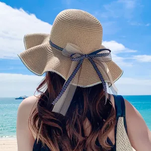 Wholesale Women Summer Fashion Polka Dot Bow Ribbon Sun Hat