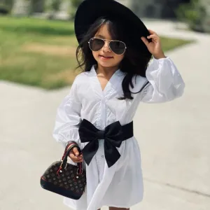 Kids Girls Casual Long Sleeve Single-breasted Bow Belt Solid Color Dress