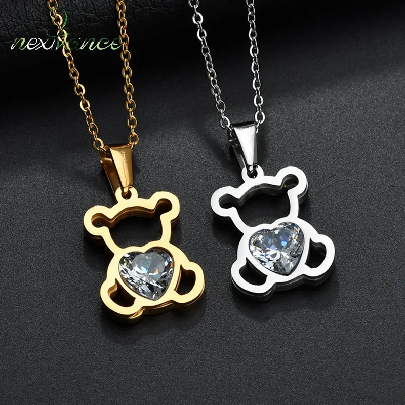Unisex Cute Zircon Bear Shaped Pendant Stainless Steel Necklace