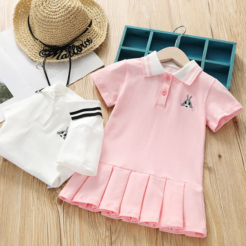 Kids Basic Girls Rabbit Embroidered Cotton Lapel Short Sleeve Pleated Design Dress for Toddler