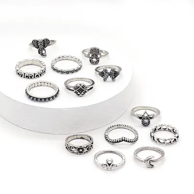 Vintage Elephant Crown Palm Totem Carved Joint Rings 13 Piece Set Women