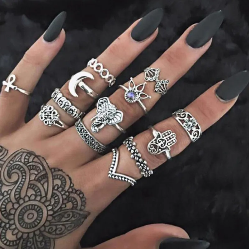 Vintage Elephant Crown Palm Totem Carved Joint Rings 13 Piece Set Women