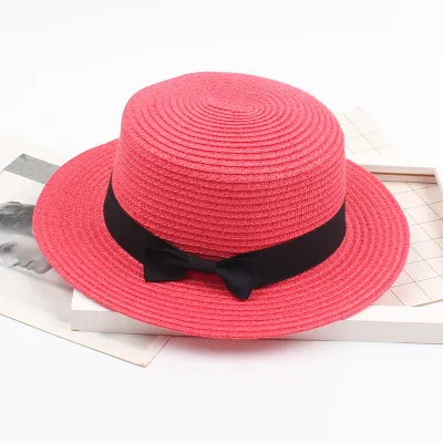Women Straw Woven Panama Wide Brim Jazz Sun Hat Summer Bow Knot Flat Top
