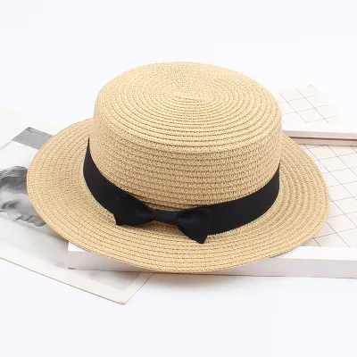 Women Straw Woven Panama Wide Brim Jazz Sun Hat Summer Bow Knot Flat Top