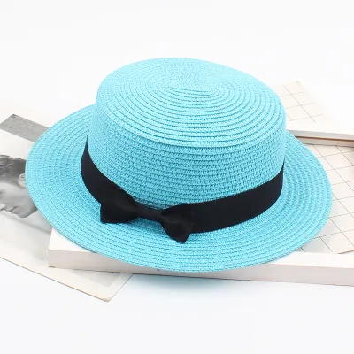 Women Straw Woven Panama Wide Brim Jazz Sun Hat Summer Bow Knot Flat Top