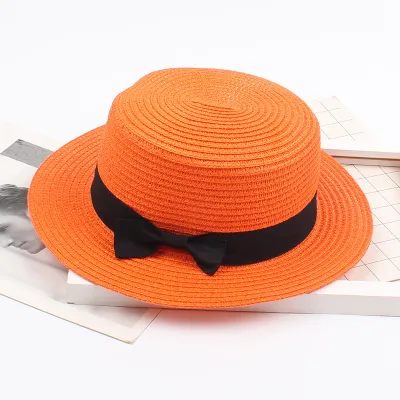 Women Straw Woven Panama Wide Brim Jazz Sun Hat Summer Bow Knot Flat Top