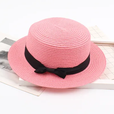 Women Straw Woven Panama Wide Brim Jazz Sun Hat Summer Bow Knot Flat Top