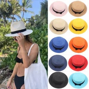 Women Straw Woven Panama Wide Brim Jazz Sun Hat Summer Bow Knot Flat Top