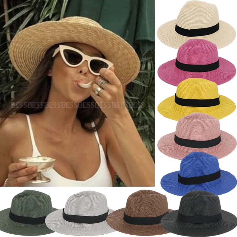 Wholesale Women Wide Brim Straw Panama Roll Up Beach Visor Sun Hat