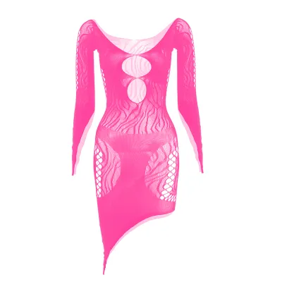 Sexy Hollow Out Long Sleeve Women Off-Shoulder Solid Color Lace Nightclub Party Asymmetrical Dress