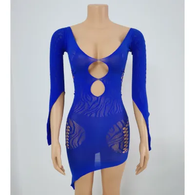 Sexy Hollow Out Long Sleeve Women Off-Shoulder Solid Color Lace Nightclub Party Asymmetrical Dress