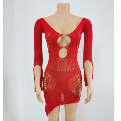 Sexy Hollow Out Long Sleeve Women Off-Shoulder Solid Color Lace Nightclub Party Asymmetrical Dress