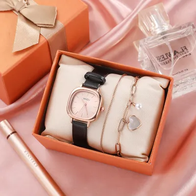 Women's Titanium Steel Double Layer Heart Bracelet And Quartz Watch 2-Piece Set