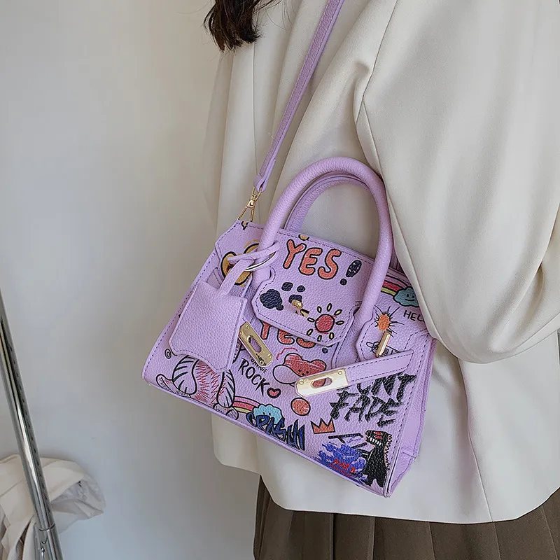 Women Fashion Creative Cartoon Graffiti Design PU Shoulder Bag Soft Lock Closure