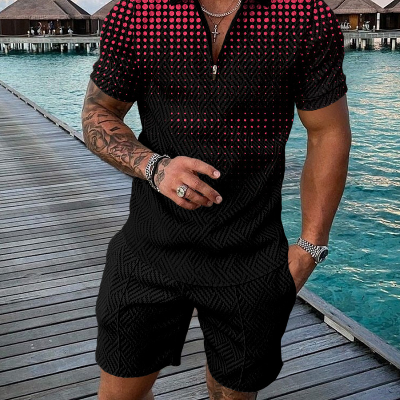 Wholesale Men Casual Color Contrast Zip Lapel Shirt Short