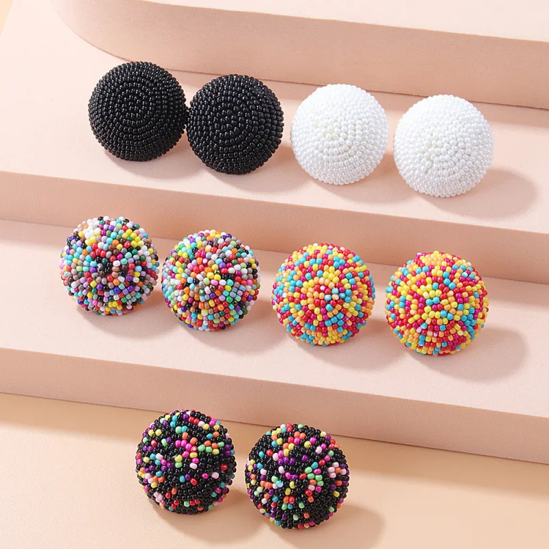 Women Exaggerated Geometric Beaded Stud Earrings