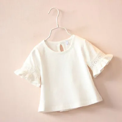 Kids Girls Basic Solid Color Round Neck Short Flare Sleeve Lace Cotton T-Shirt