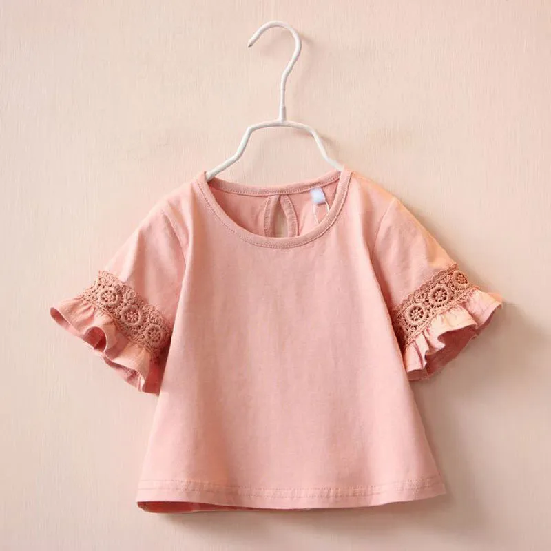 Kids Girls Basic Solid Color Round Neck Short Flare Sleeve Lace Cotton T-Shirt