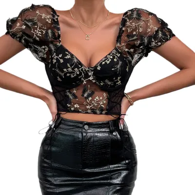 Summer Women Sweet Short Puff Sleeves Mesh Patchwork See-through Crop Top