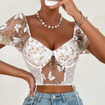 Summer Women Sweet Short Puff Sleeves Mesh Patchwork See-through Crop Top