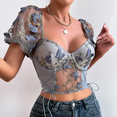 Summer Women Sweet Short Puff Sleeves Mesh Patchwork See-through Crop Top