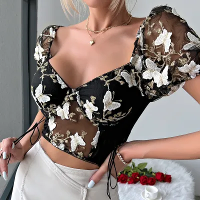 Summer Women Sweet Short Puff Sleeves Mesh Patchwork See-through Crop Top